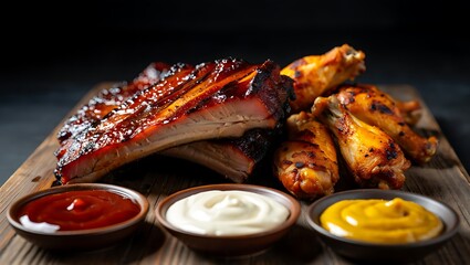 Delicious barbecue platter featuring pork ribs chicken wings and an assortment of dipping sauces perfect for a summer cookout or restaurant menu promotion