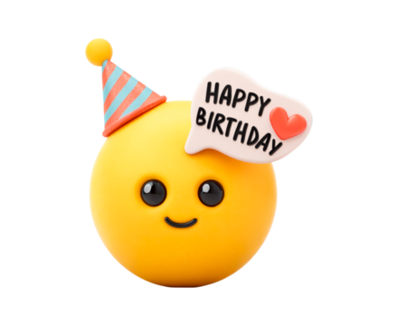 Smiling emoji with birthday hat and happy birthday speech bubble on transparent background, PNG