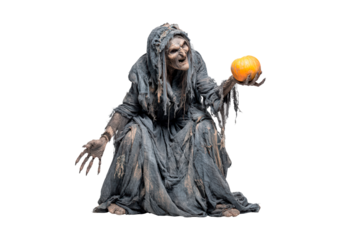 Elderly witch with hood in tattered robes holding a pumpkin on transparent background, PNG