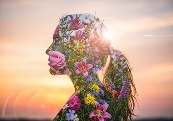 Silhouette of a woman's head filled with colorful flowers, set against a warm, vibrant sunset sky.