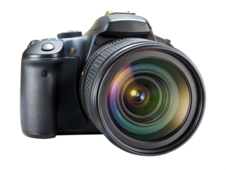 A black dslr camera with a large lens, isolated on transparent background