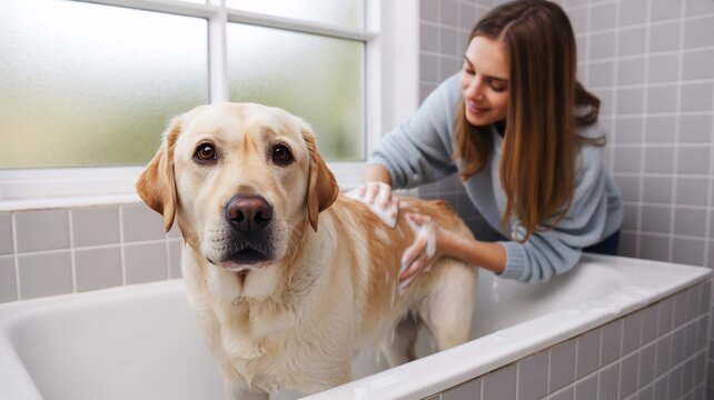 A young woman washes her golden labrador retriever dog in a bathtub with shampoo and water, promoting pet hygiene and care - Powered by Adobe
