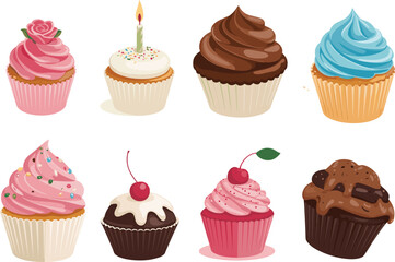 Cartoon cupcakes set, assorted frosting designs, colorful dessert illustration, sweet bakery treats, vector art for menu, celebration, party food design