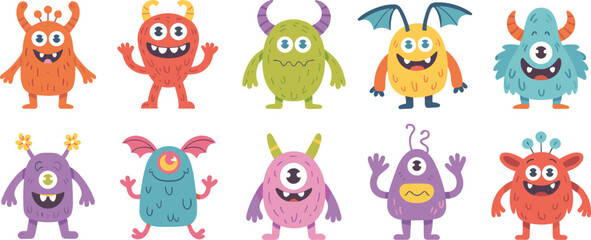 Cartoon monsters set, cute colorful characters, funny fantasy creatures, vector illustration for kids, playful design for games, books, party decorations © Hasem Creative