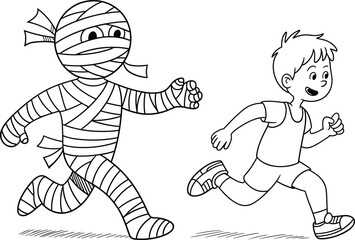 Cartoon mummy chasing boy, Halloween running scene, spooky costume illustration, black and white vector, kids holiday activity, playful monster chase