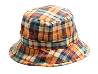 A colorful plaid bucket hat isolated on transparent background