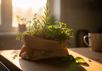 A paper bag overflowing with fresh herbs, bathed in warm sunlight, near a window.