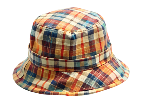 A colorful plaid bucket hat isolated on transparent background