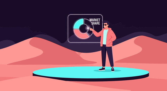 Analyzing market share data on a virtual platform with digital visualization, representing