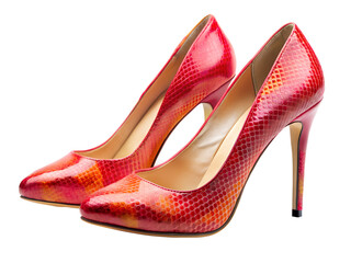 A pair of red and orange snakeskin high heel shoes isolated on transparent background