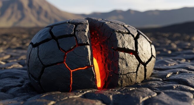 Cracked Sphere Emitting Molten Lava in Arid Landscape