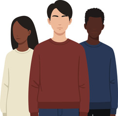 Diverse group of young adults standing together in casual clothing vector illustration with neutral expressions and minimalist style 