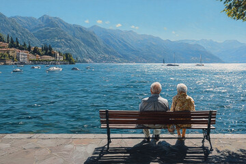 Serene lakeside contemplation: Elderly couple embracing scenic vista on bench
