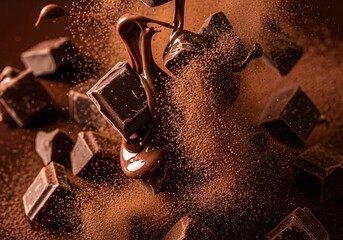 Dark chocolate cubes and melted chocolate being poured, creating a delicious artistic composition.