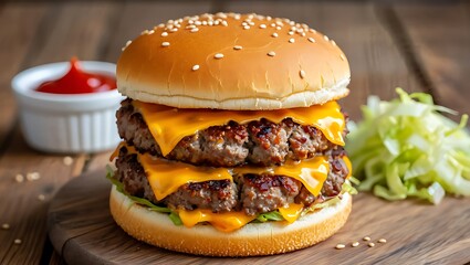 Delicious Double Cheeseburger with Sesame Seed Bun and Ketchup Ready to Eat Presented on a Wooden Board Featuring Melted Cheese and Fresh Lettuce