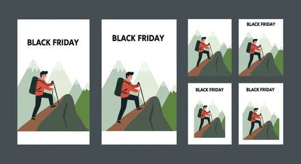 Fototapeta premium Black Friday sale announcement with climber illustration on mountains background