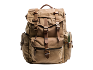 Vintage canvas backpack with leather straps isolated on transparent background