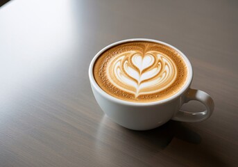 A white ceramic cup of cappuccino with beautiful heart-shaped latte art sits on a brushed metal table.