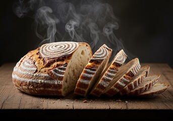 A freshly baked loaf of artisan sourdough bread is sliced and steaming on a rustic wooden board.