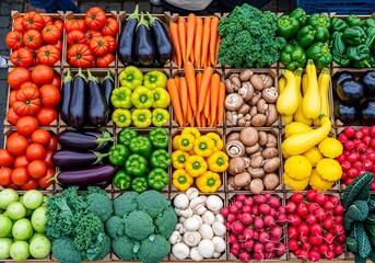 A vibrant display of assorted fresh vegetables neatly arranged in wooden crates at a market stall.