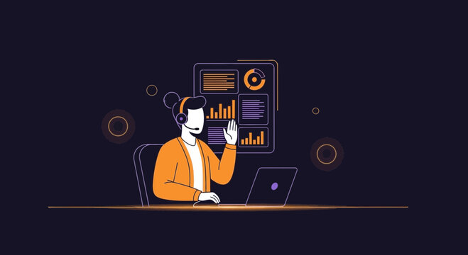 Customer service representative with headset and laptop, working on data analysis and support