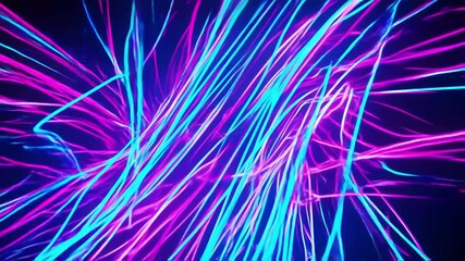 Bright neon blue and pink light trails stream and curve across a dark background, creating an energetic abstract scene. The glowing lines twist and intertwine, forming a mesmerizing digital art displa - Powered by Adobe