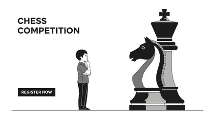 Conceptual illustration promoting chess competition featuring a boy strategizing