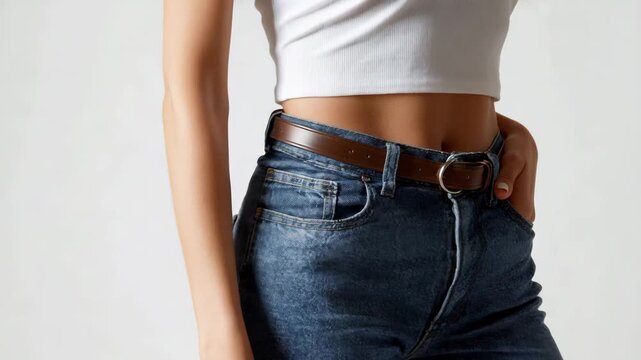 Fashionable woman showcasing trendy outfit with high-waisted jeans and crop top in modern setting