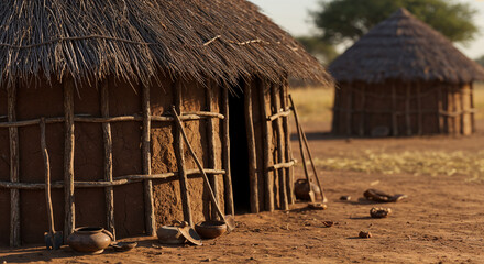 Naklejka premium Close-up of a traditional African tribal hut with thatched roof and mud walls
