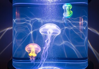 Illuminated aquarium showcasing vibrant jellyfish gracefully floating in a mesmerizing aquatic environment.