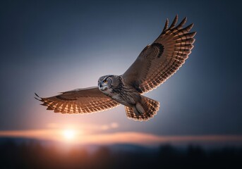 A majestic great grey owl soars through the air at sunset, wings spread wide against a blurred horizon.