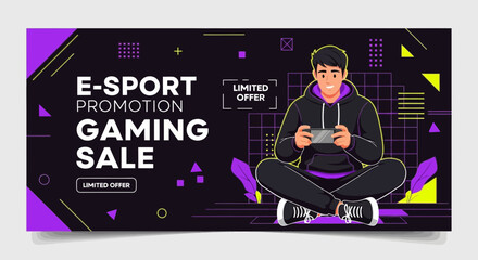 Obraz premium Eye-Catching E-sport Gaming Sale Promotion Banner with Gamer Illustration for Tournament and