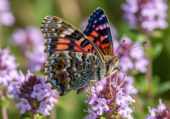 A beautiful American Lady butterfly with detailed orange and black wings feeding on purple thyme flowers.