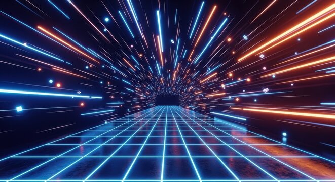 Abstract Neon Light Tunnel with Digital Grid and Streaks of Light