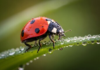 A vibrant red ladybug covered in water droplets rests on a dewy green blade of grass.