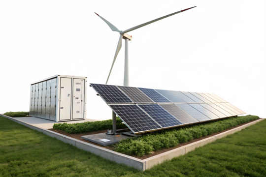 Renewable energy setup with solar panels and a wind turbine ideal for sustainability and eco-friendly themes isolated on AI generated by PNG