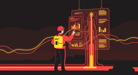 Futuristic Industrial Technician Analyzing Data on a Digital Interface Display
