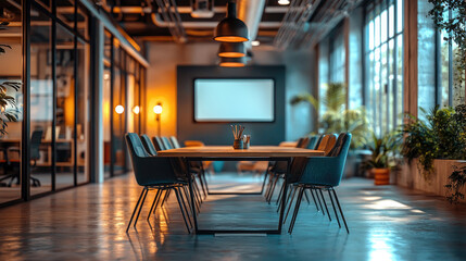 Modern office conference room with long wooden table and black chairs in industrial setting