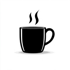 Simple Black Silhouette of a Steaming Coffee Mug on a White Background.