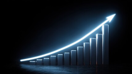 Glowing blue arrow points upwards over rising bar graph on dark background symbolizing growth