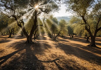 Sunbeams filter through ancient olive trees in a serene grove, casting long shadows at sunrise.