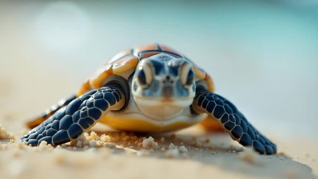 A small turtle moves slowly along the shoreline