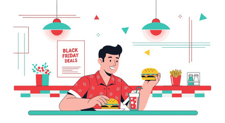 Illustrative man enjoying Black Friday burger deals at a retro style diner scene