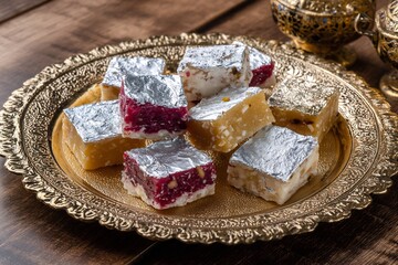 Pakistani barfi sweet squares decorated silver leaf placed on festive tray authentic cultural dessert food concept for South Asian stock photos