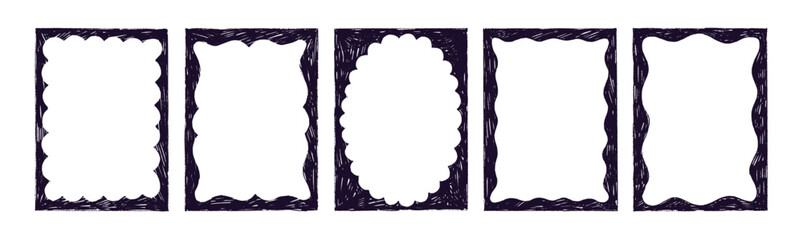 Crayon drawn fun scallop border frames. Graphic retro picture frames with wavy edges.