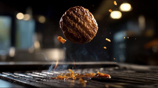Juicy burger patty flipping above grill with flying crumbs and rising steam