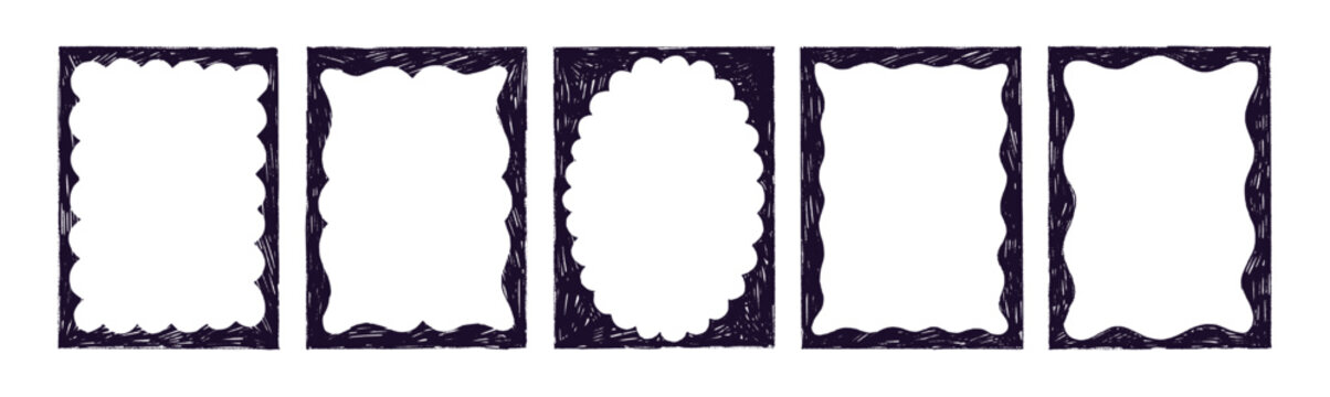 Crayon drawn fun scallop border frames. Graphic retro picture frames with wavy edges.