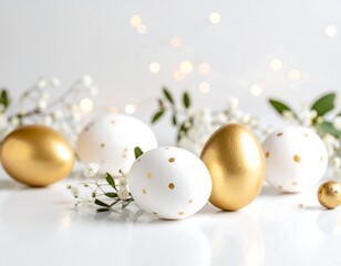 Obraz premium Easter eggs, white background, golden accents