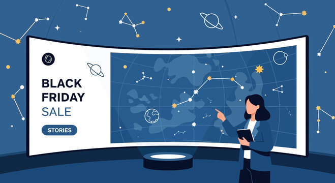 Promotional Black Friday sale event with an expert in astronomy discussing the constellations - Powered by Adobe
