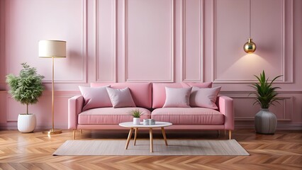Obraz premium Elegant pink living room with a comfortable sofa, coffee table, and decorative plants